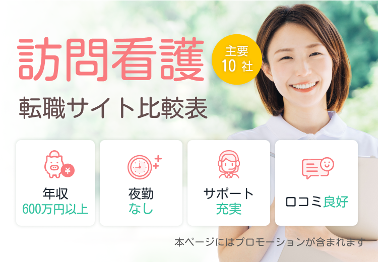 主要10社、看護師転職サイト比較表、年収600万円以上、夜勤なし、サポート充実、口コミ良好、訪問看護
